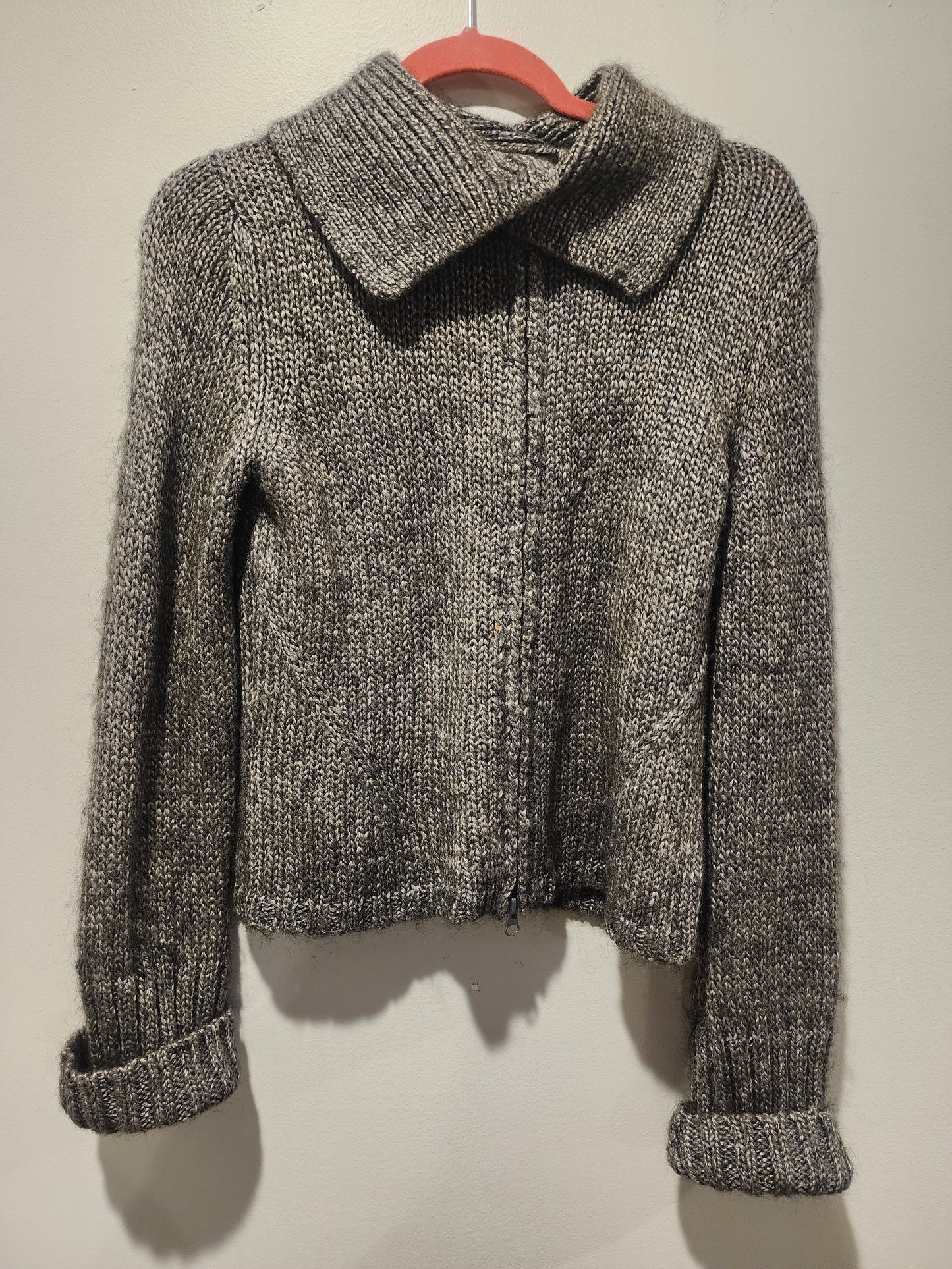 Express Vintage Gray Knit Sweater Jacket L Zipper Cropped Marled Wool Blend