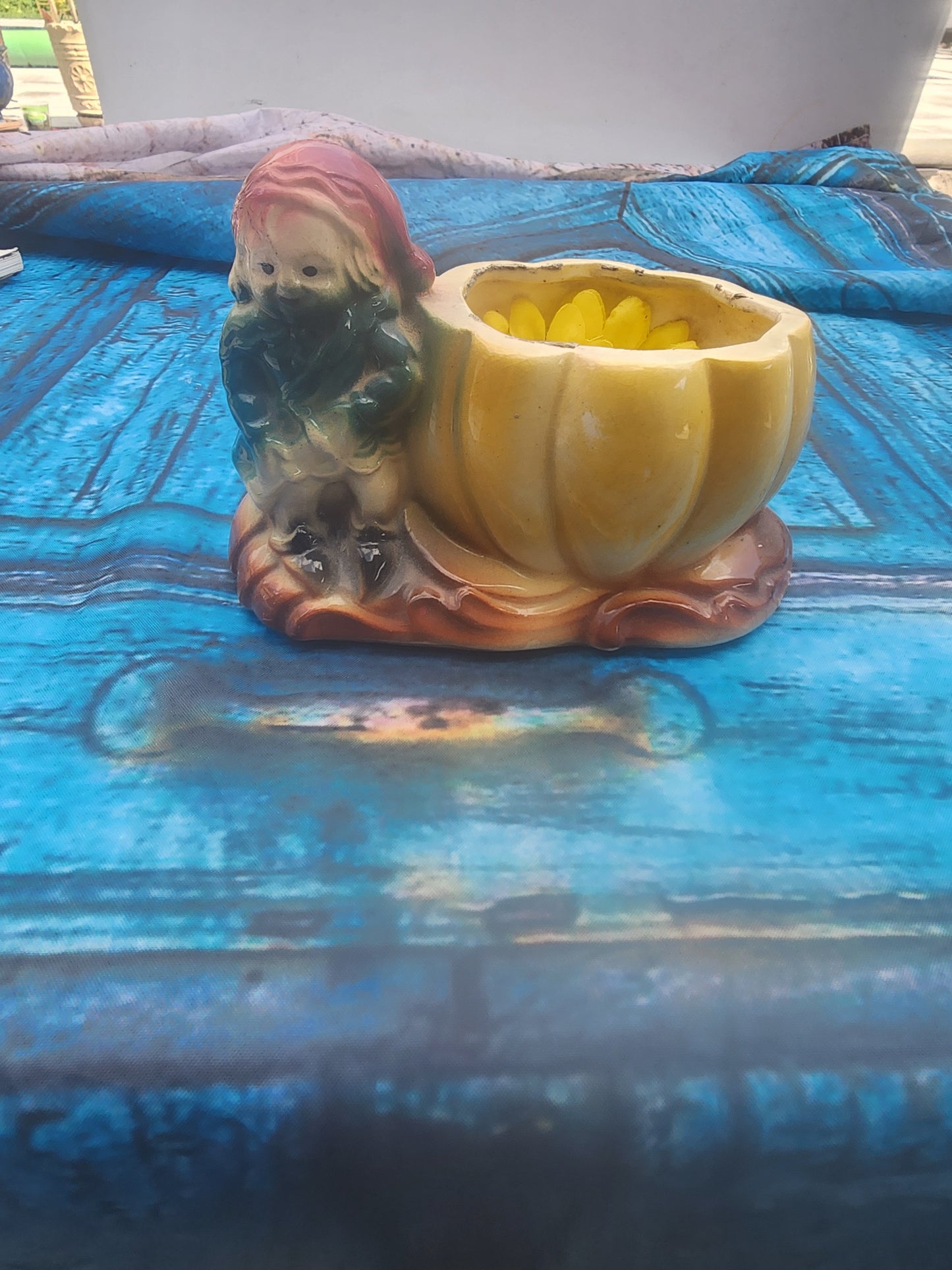 Vintage Ceramic Planter Fall gnome Pumpkin 1950s