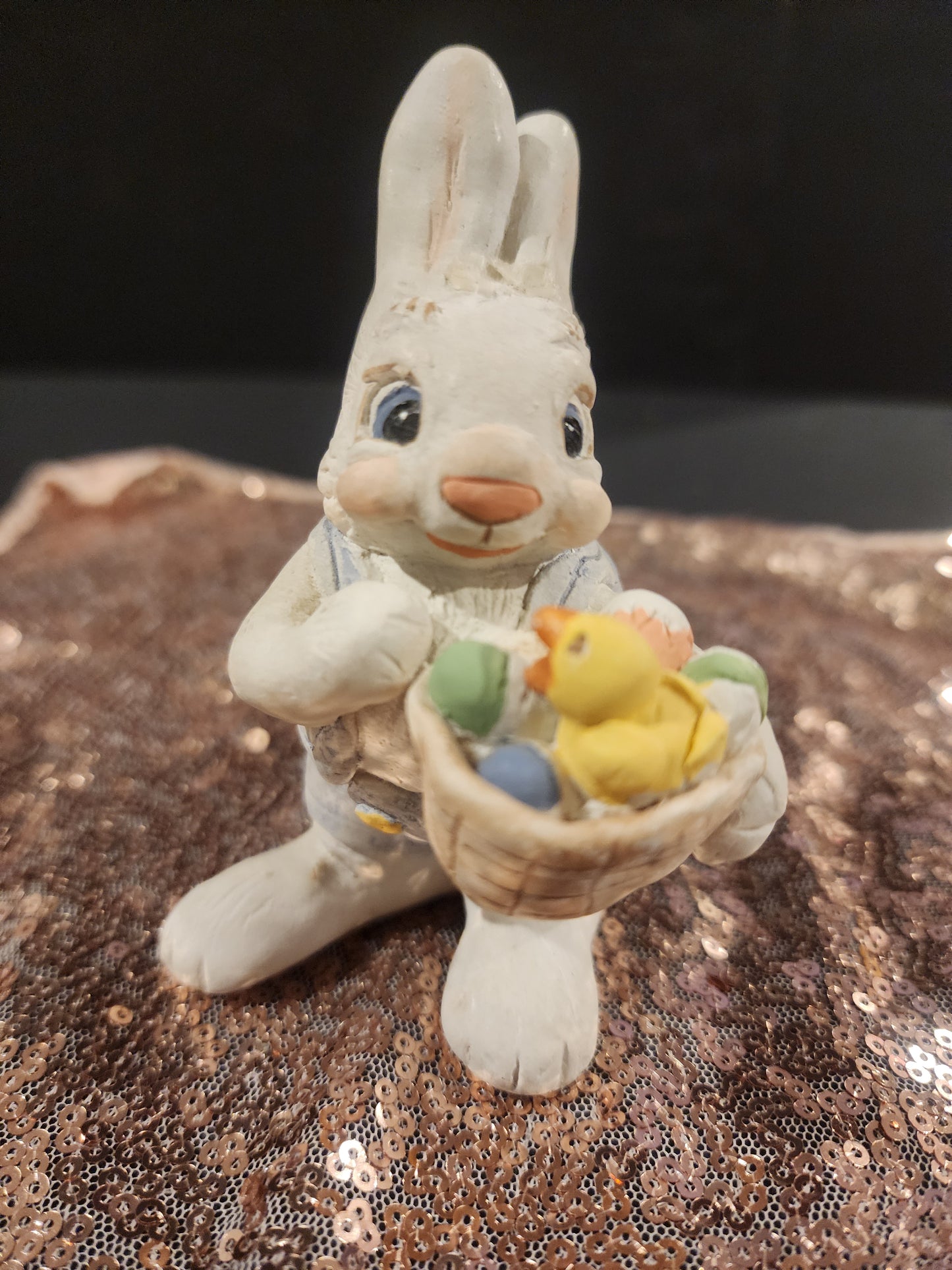 Vintage Dreamsicle Easter Bunny Figurine W/ Basket & chick