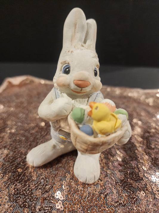 Vintage Dreamsicle Easter Bunny Figurine W/ Basket & chick