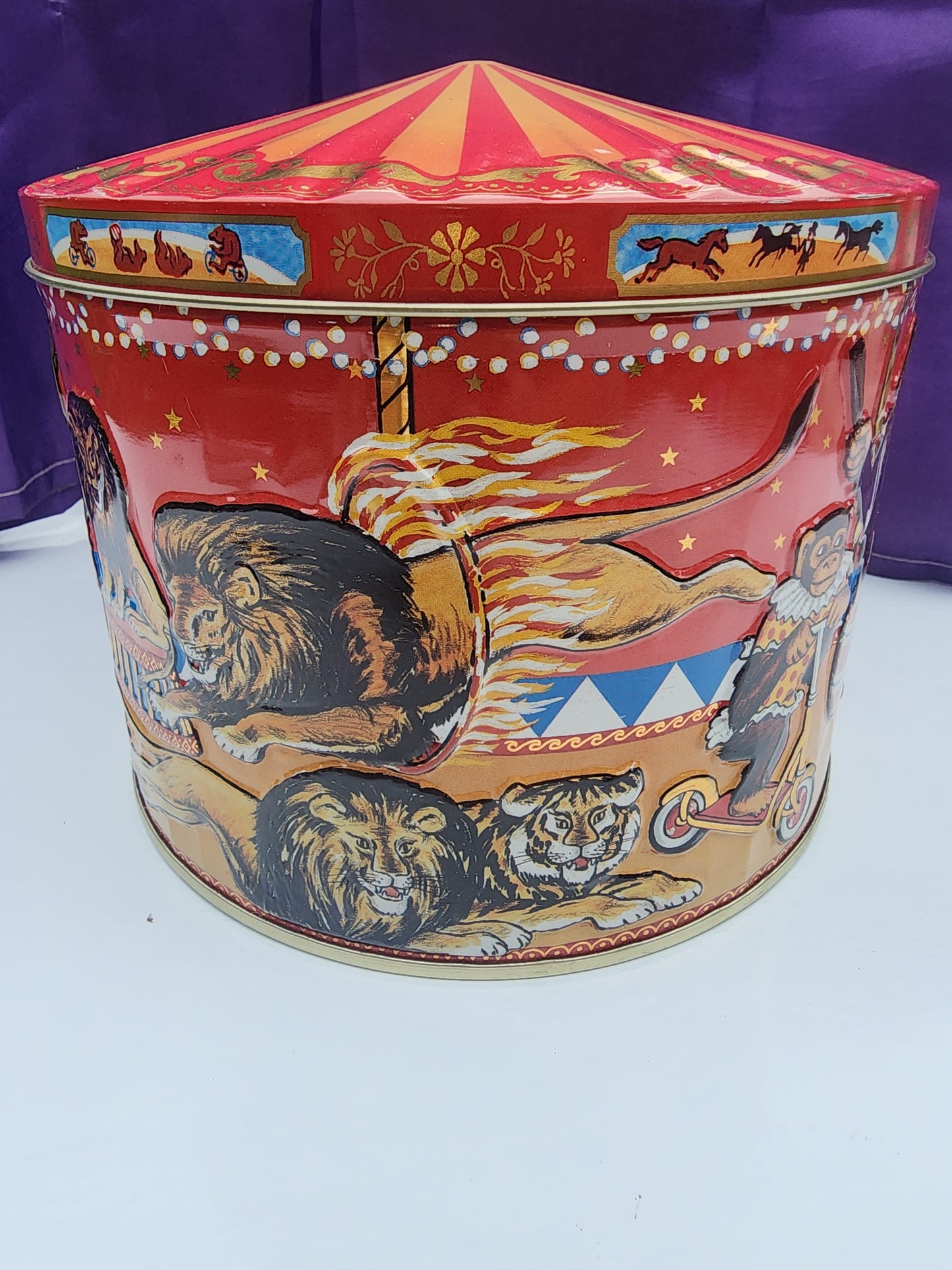 Vintage Poul Friis Big Top Circus Empty Cookie Tin Featuring Elephants, Horses, Monkeys & Lions