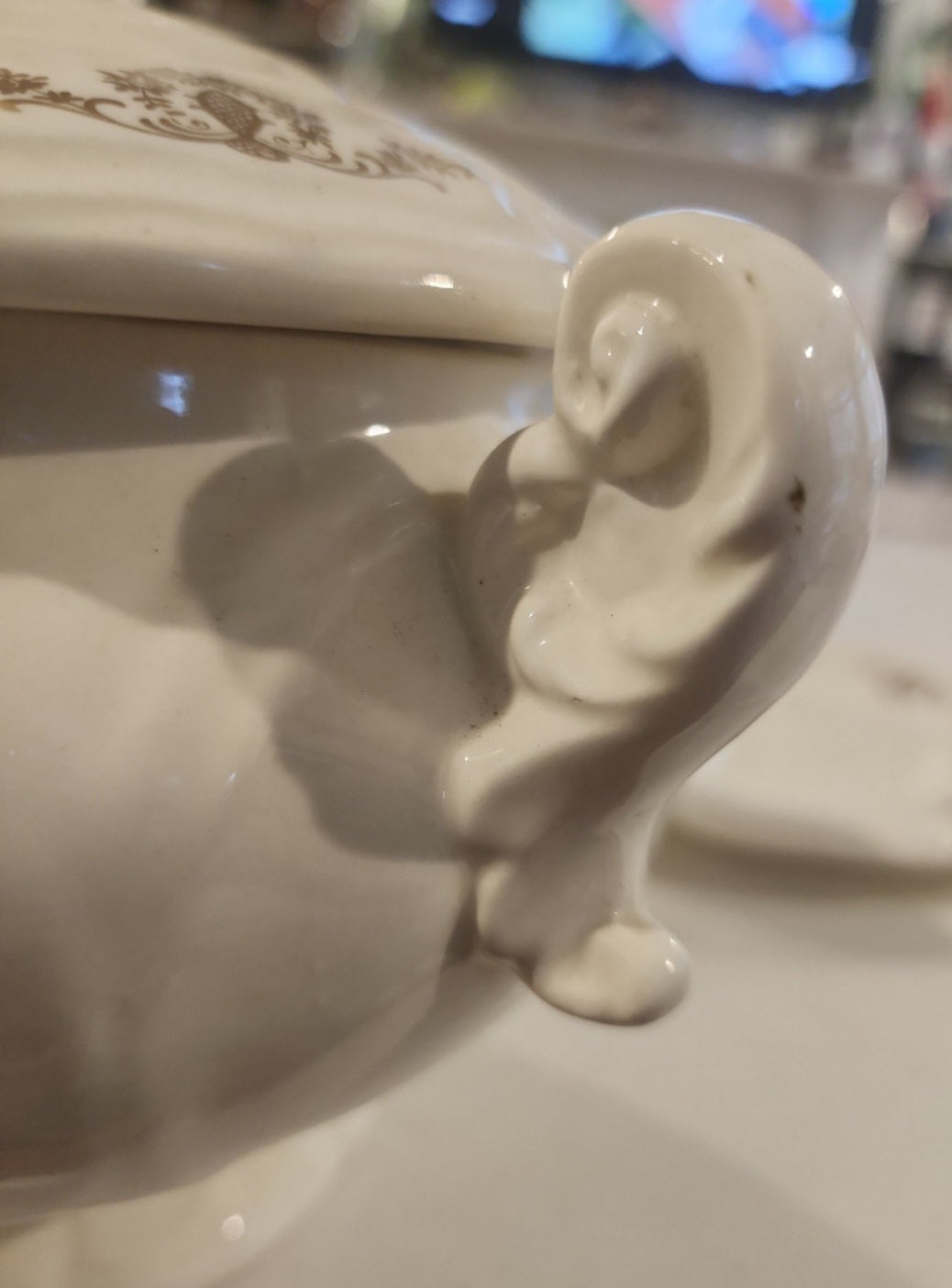 Vintage Porcelain Soup Tureen and plate  Gold Floral Design