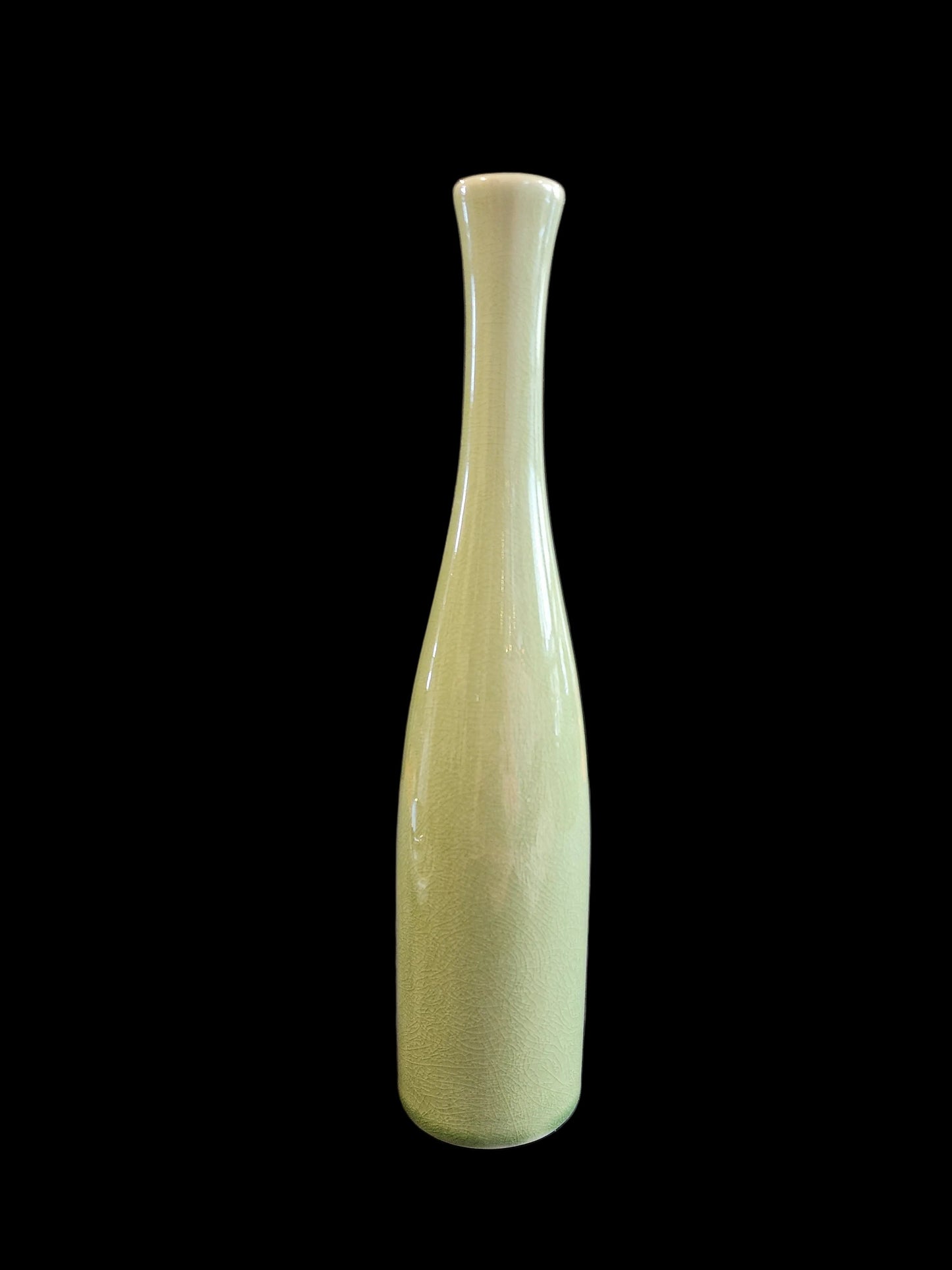 Crate & Barrel Green Crackle Glaze Ceramic Slender Vase with Leaf Motif, 11.5" H
