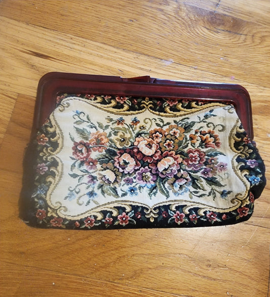 Vintage Tapestry Framed Clutch Purse Floral Amber Lucite Click Closure Black