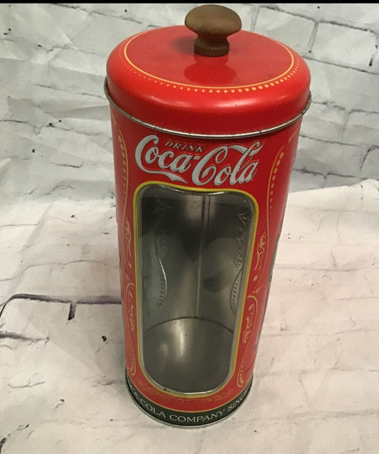 Vintage Tin Coca Cola straw holder has a little rust on rim of top