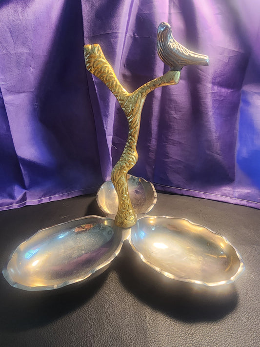 Divided Serving Dish Tray Bird Tree Snack Appetizer Metal  Kitchen Decor