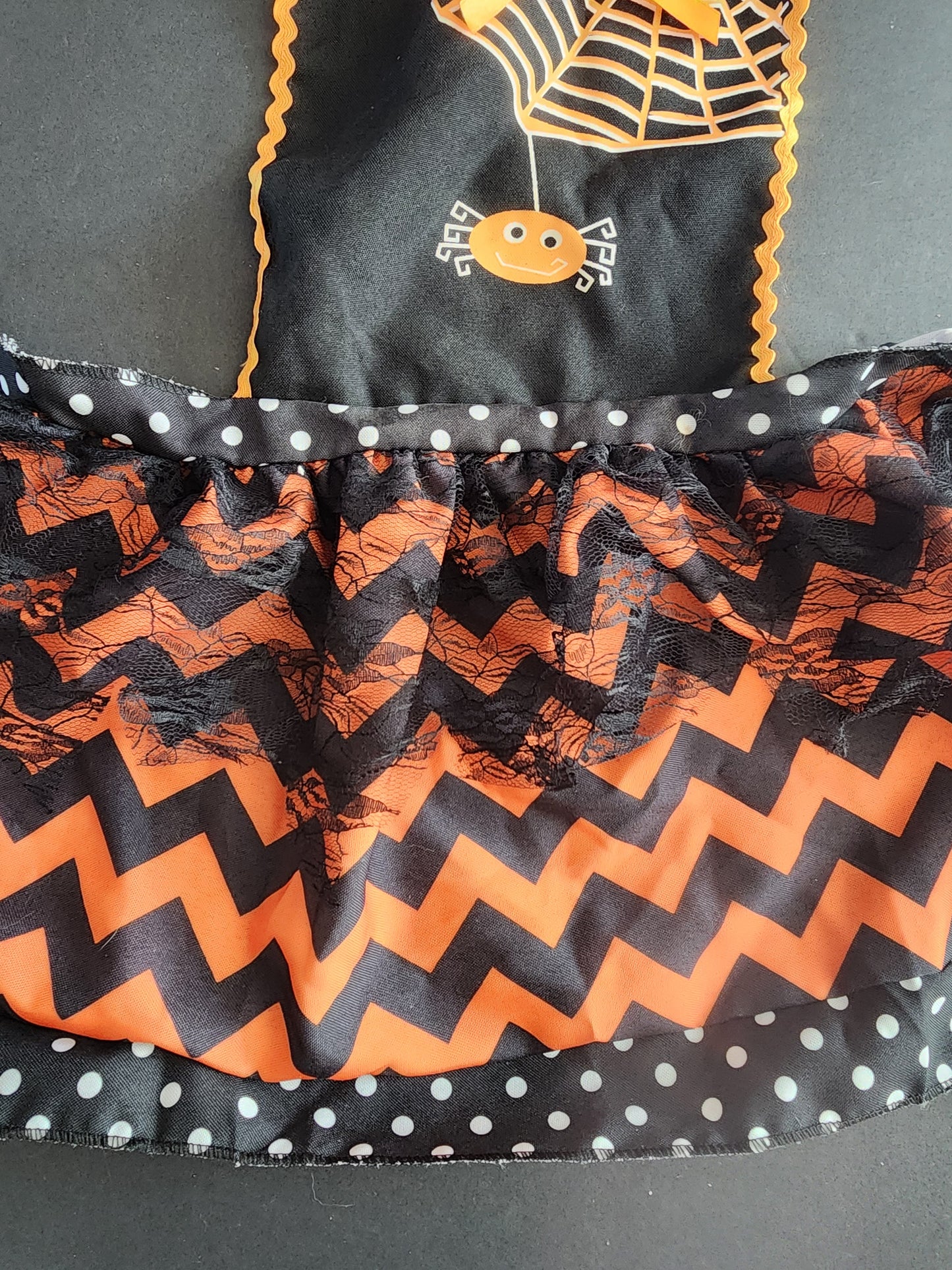 Halloween Polka Dot Spider Web Apron Black Orange, child size 4-8