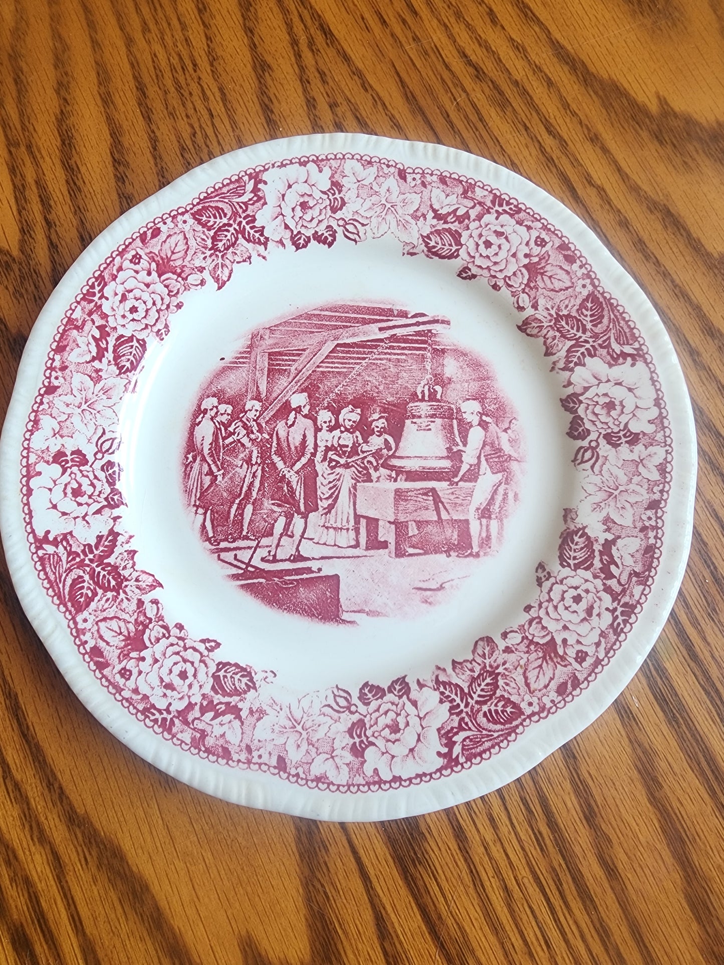 Vintage 1939 Homer Laughlin 7 3/8" salad plate in the "Historical America" pink transferware pattern