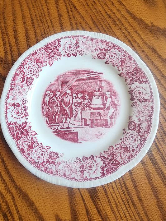 Vintage 1939 Homer Laughlin 7 3/8" salad plate in the "Historical America" pink transferware pattern