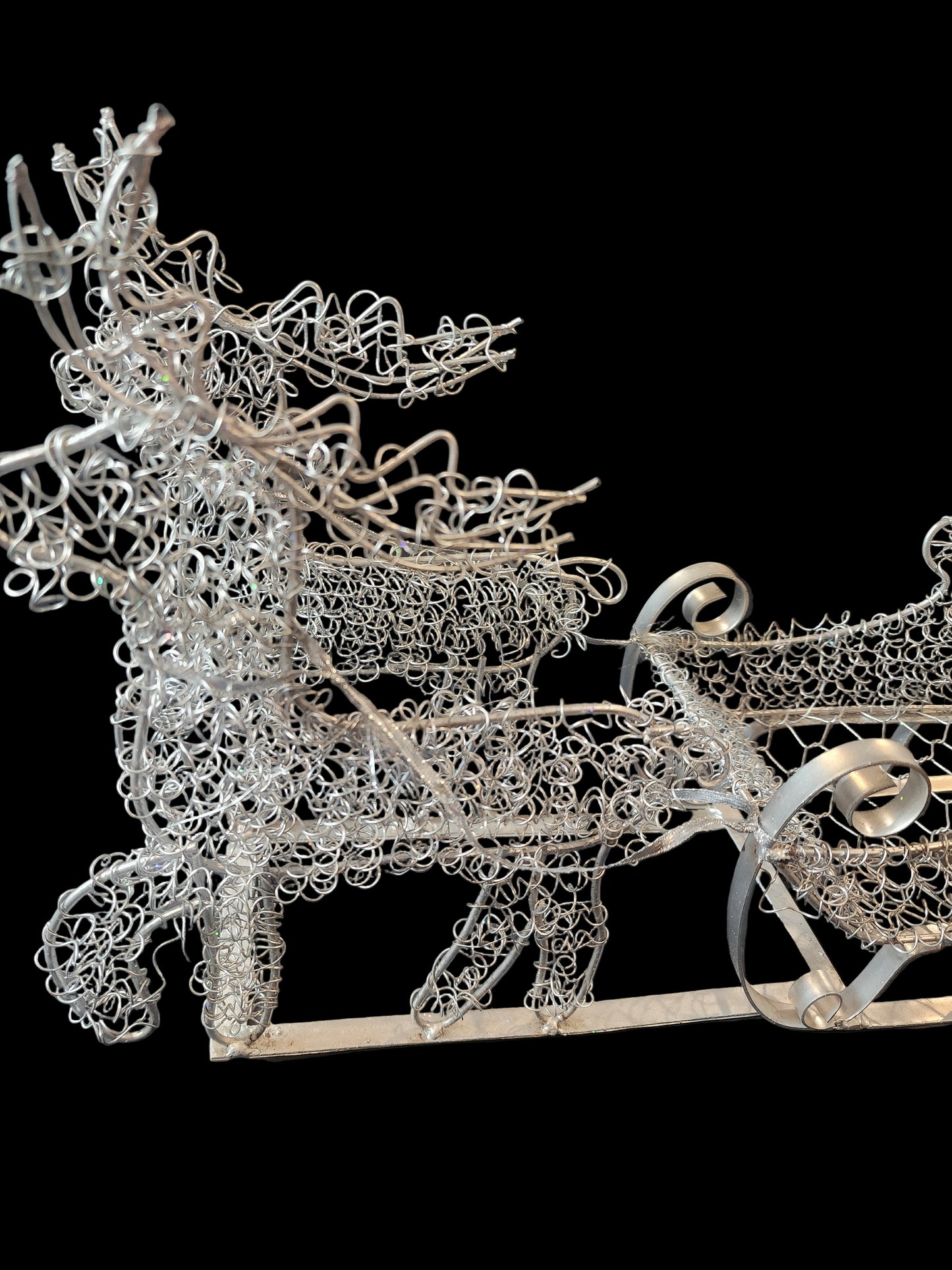 Santa's Sleigh & Reindeer Silver Twisted Wire Christmas Centerpiece 17.50” long