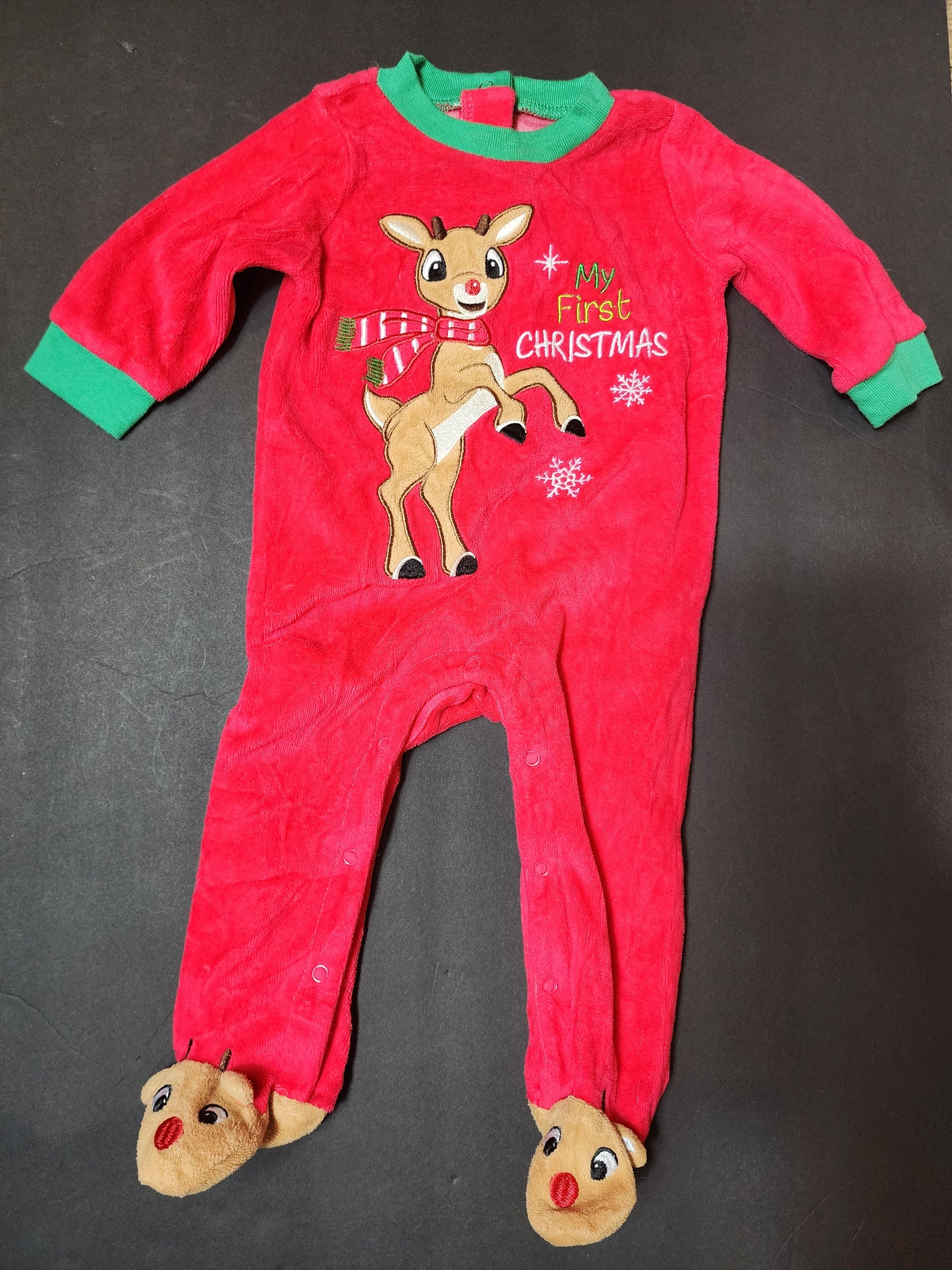 Festive Red Velour Baby's First Christmas & Red and Gray stripe sleeper with a moose