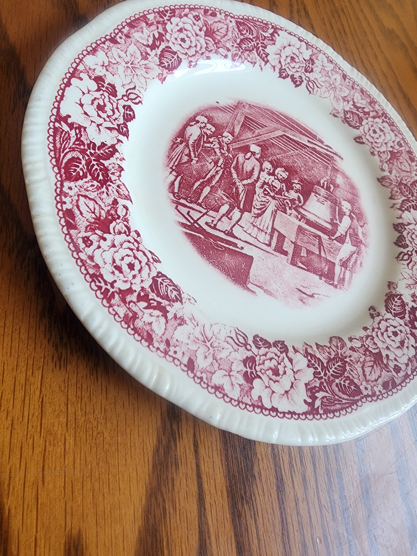 Vintage 1939 Homer Laughlin 7 3/8" salad plate in the "Historical America" pink transferware pattern