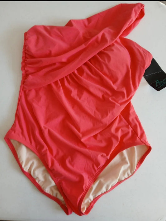 Asymmetrical  Strap One Piece In  Pink By Aqua Green XL 16 swimsuit