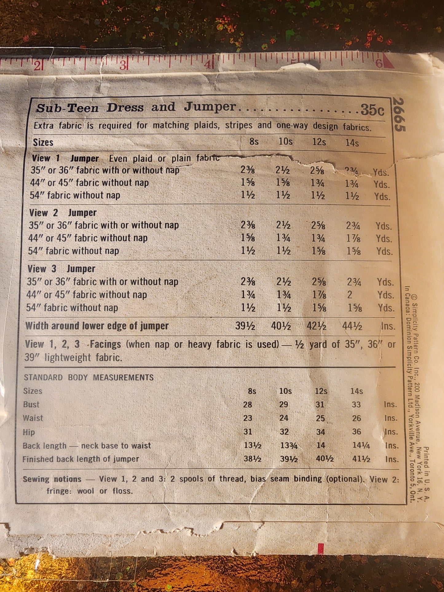 Simplicity Pattern 2665 Sub 14s  bust 33.