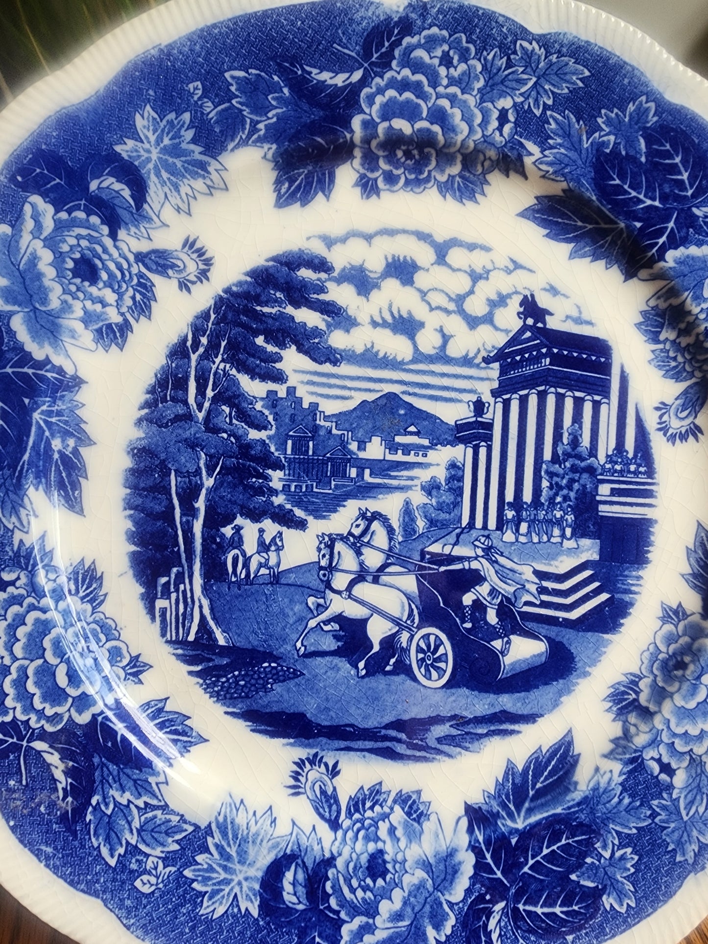 HB Japan Flow Blue China Platter Antique Greek Roman Chariot Architecture 12.25"