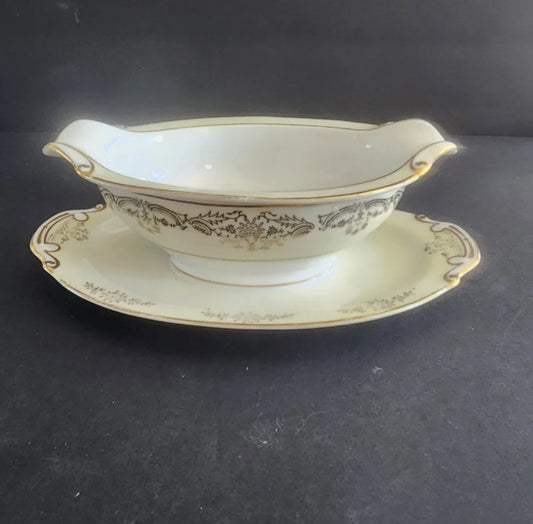 Vintage Ransom China Japan Gravy Boat with Attached Underplate - Gold Trim