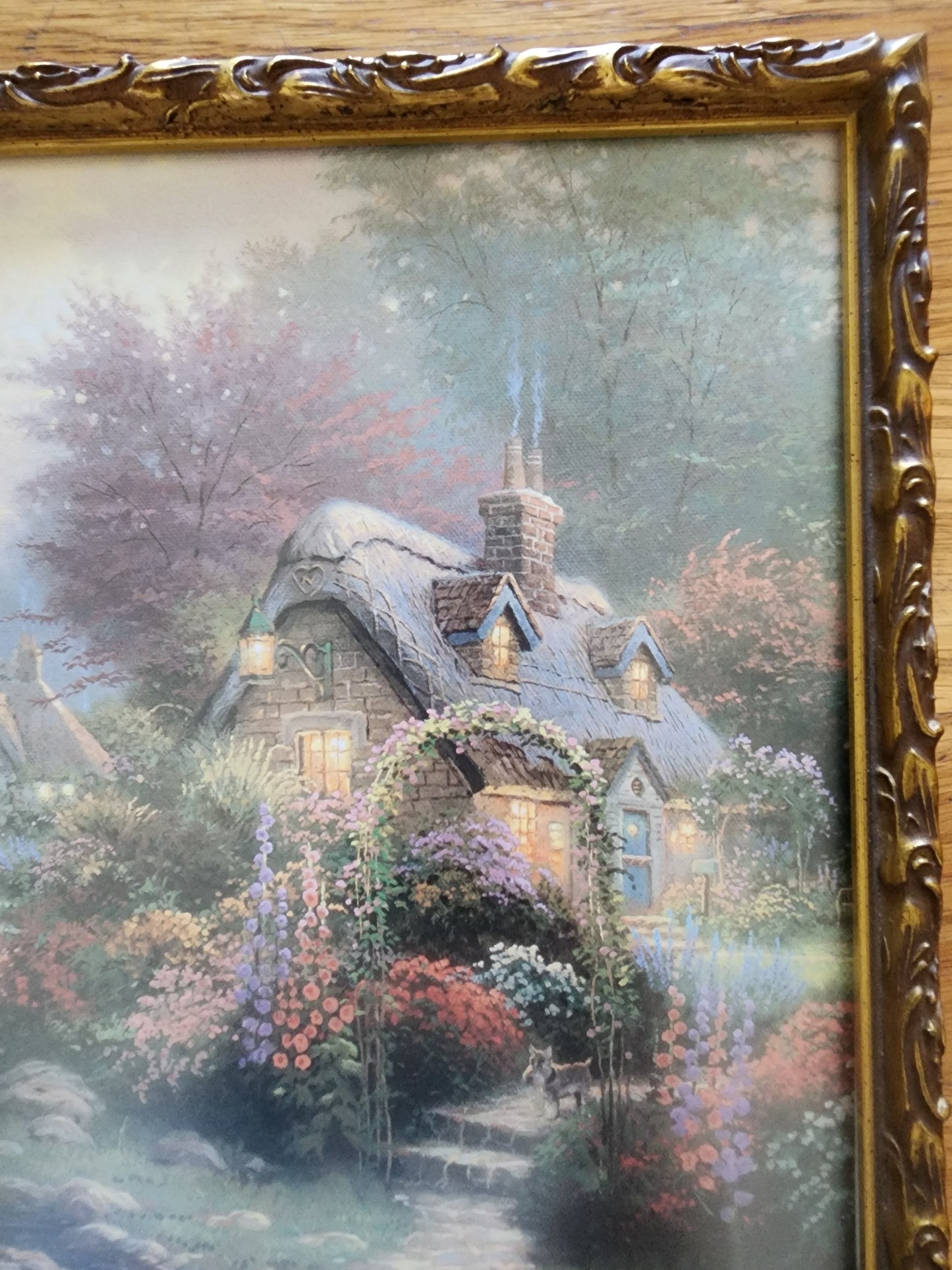 Thomas Kinkade Framed print 14x12" Cottage Bridge of light