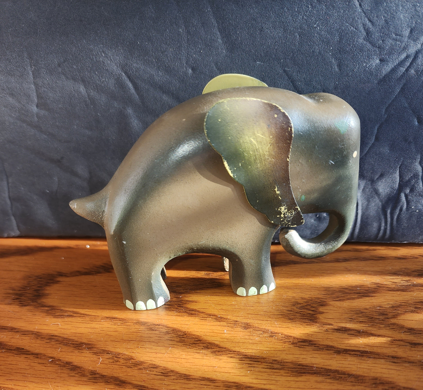 Vintage Wooden Elephant Figurine, Hand Painted,  Metal Ears 5×3×2" Gray Brown