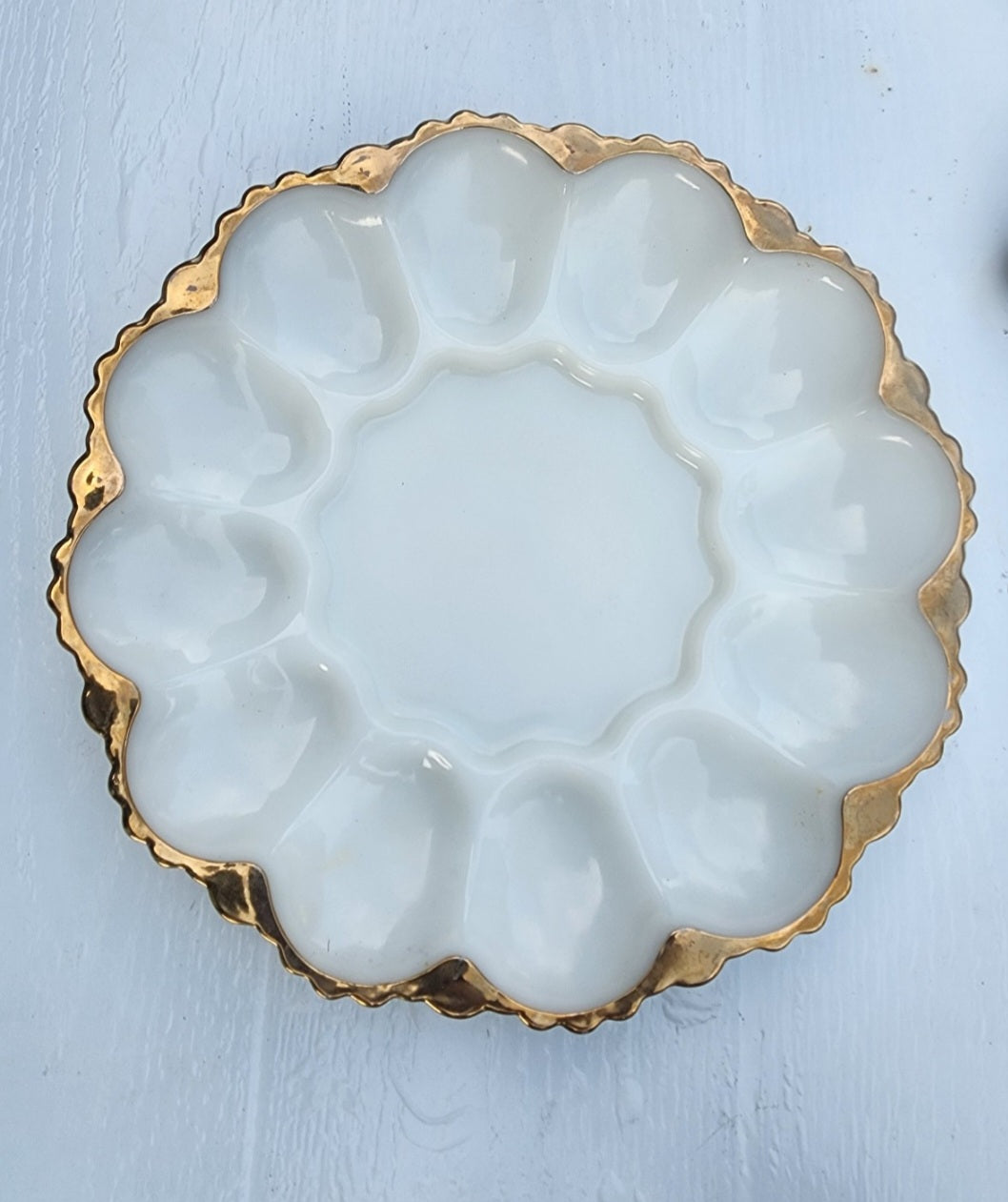 Vintage Anchor Hocking 896 Milk Glass Deviled Egg Server Plate Gold Trim 10"
