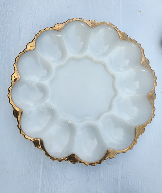 Vintage Anchor Hocking 896 Milk Glass Deviled Egg Server Plate Gold Trim 10"