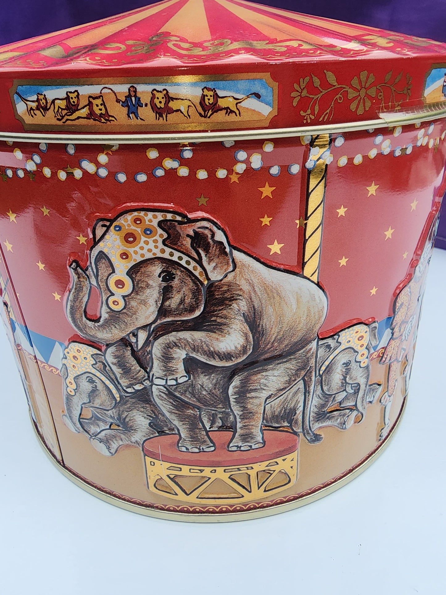 Vintage Poul Friis Big Top Circus Empty Cookie Tin Featuring Elephants, Horses, Monkeys & Lions