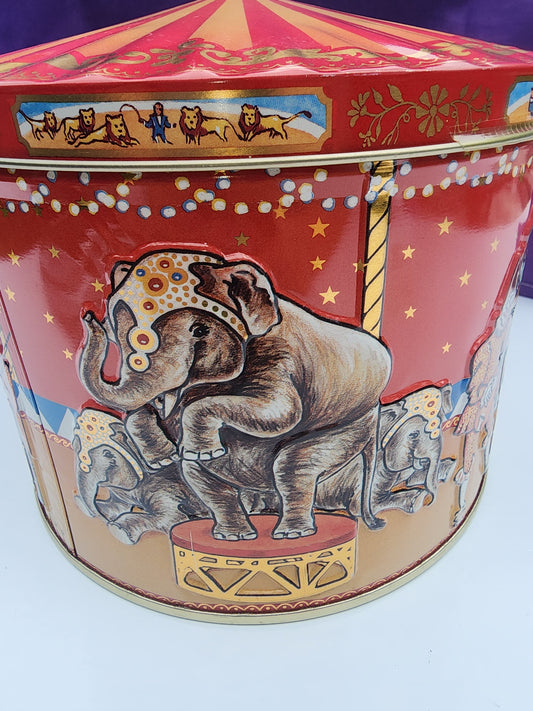 Vintage Poul Friis Big Top Circus Empty Cookie Tin Featuring Elephants, Horses, Monkeys & Lions