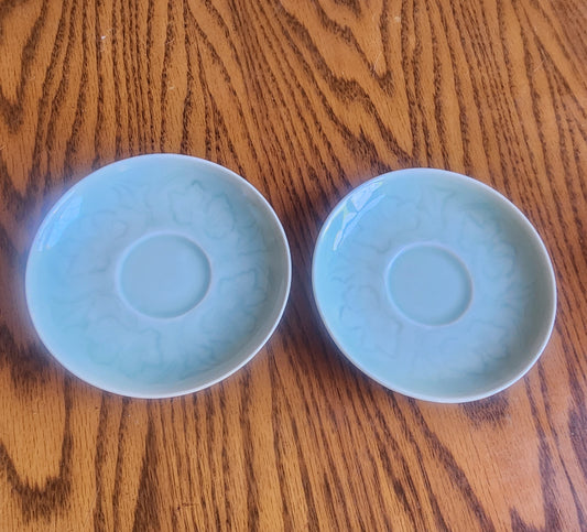 Longquan Celadon porcelain Seafoam Green floral saucers. Set of 2