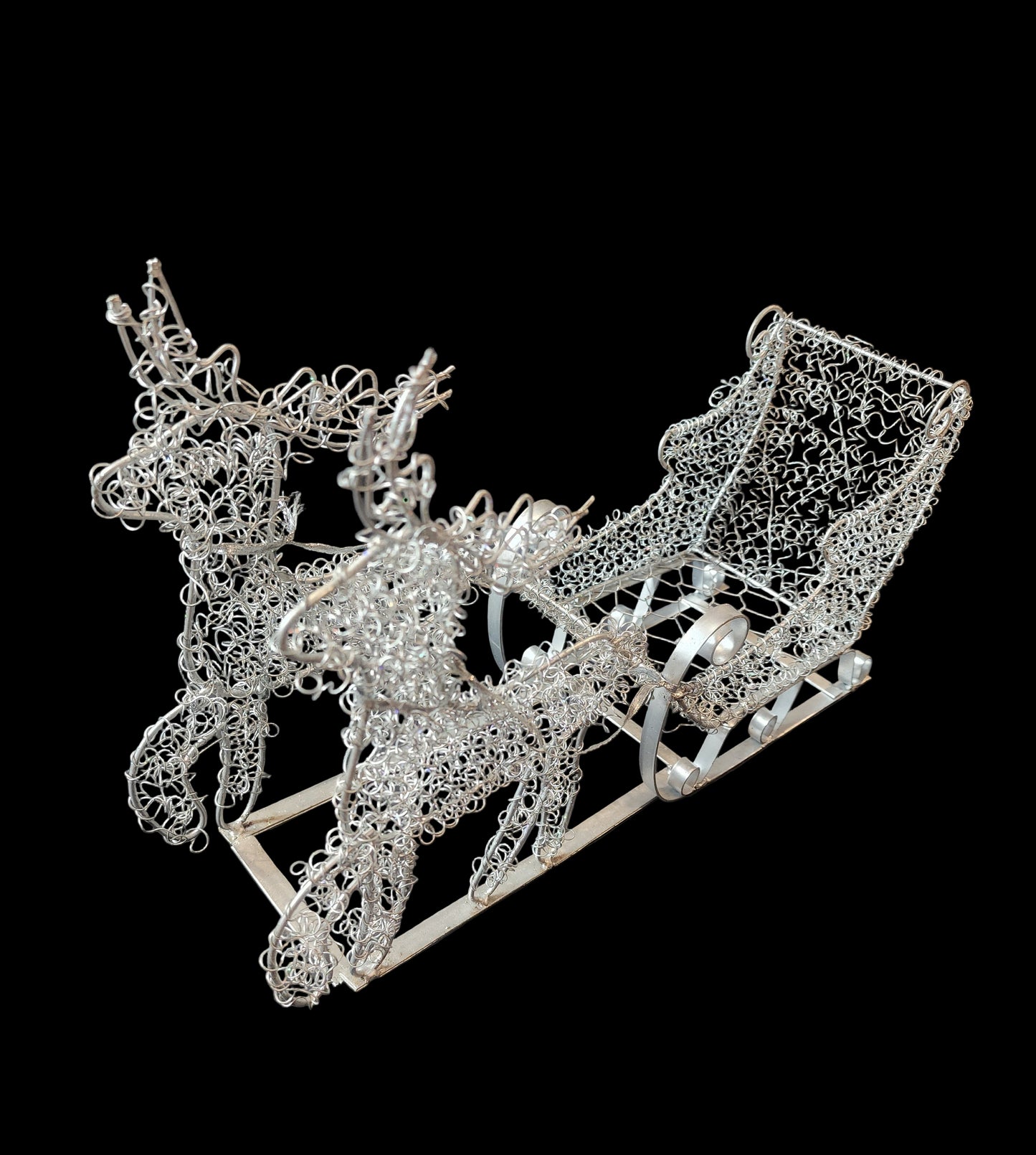Santa's Sleigh & Reindeer Silver Twisted Wire Christmas Centerpiece 17.50” long