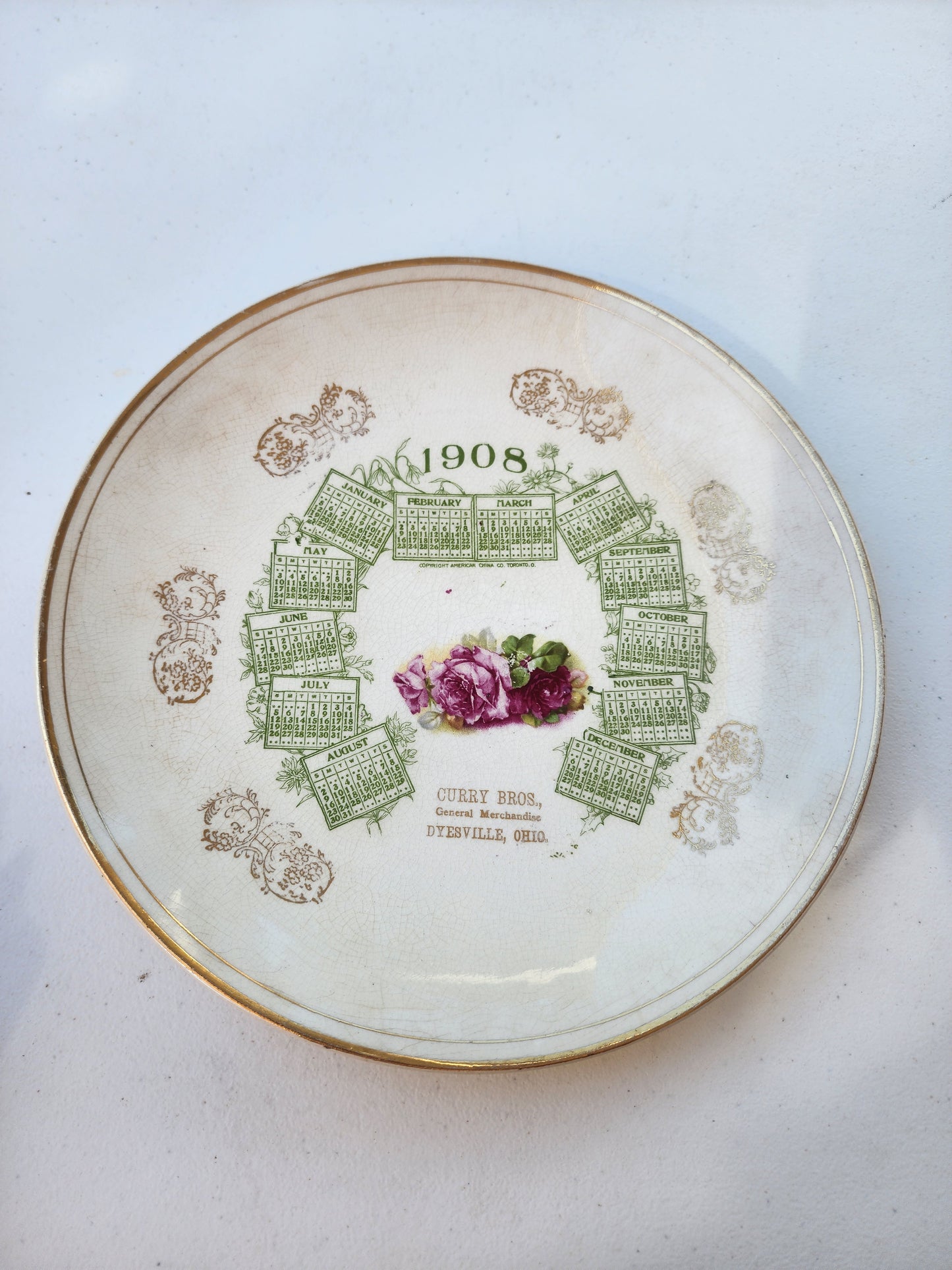 Antique 1908 Advertising Calendar Plate Curry Bros General Merchandise Ohio