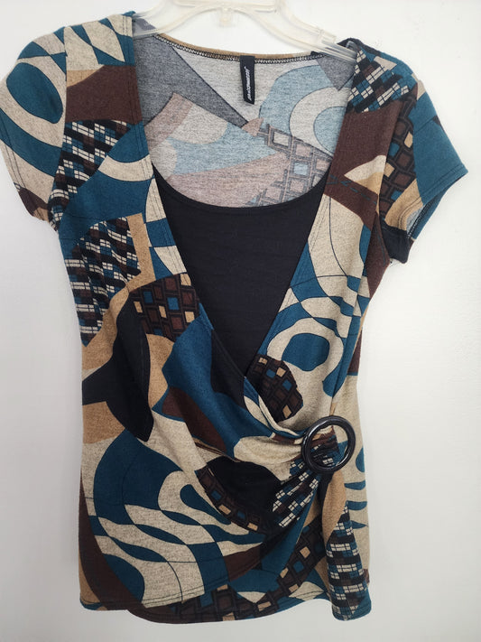 Jason Maxwell multicolr Geometric  Poly Wrap Knit Top Size M