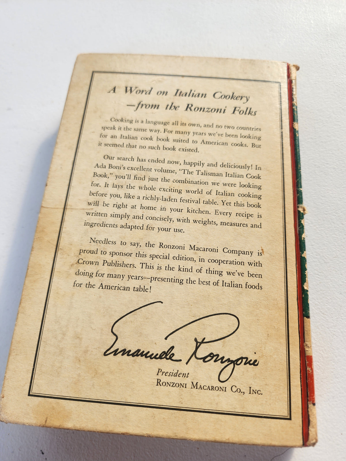 Vintage The Talisman Italian Cook book by Ada Boni.  HC Book 1958