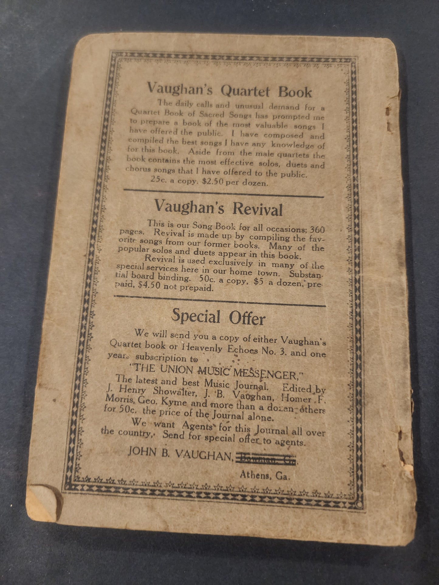 Antique 1915 Gospel Songbook: Heavenly Echoes No. 3 - J.B. Vaughan, Athens, GA