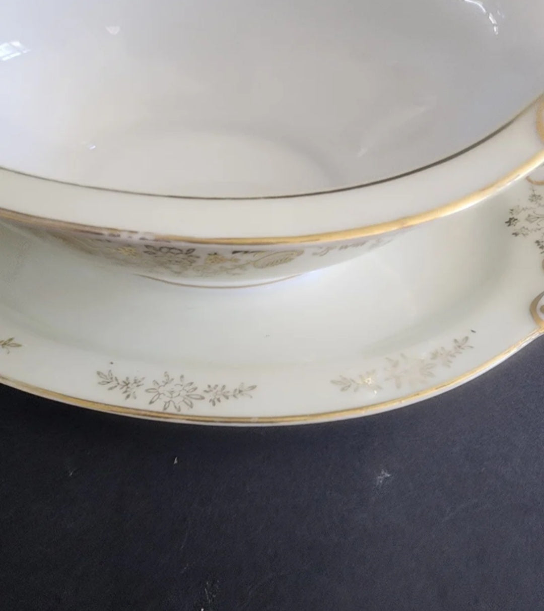 Vintage Ransom China Japan Gravy Boat with Attached Underplate - Gold Trim