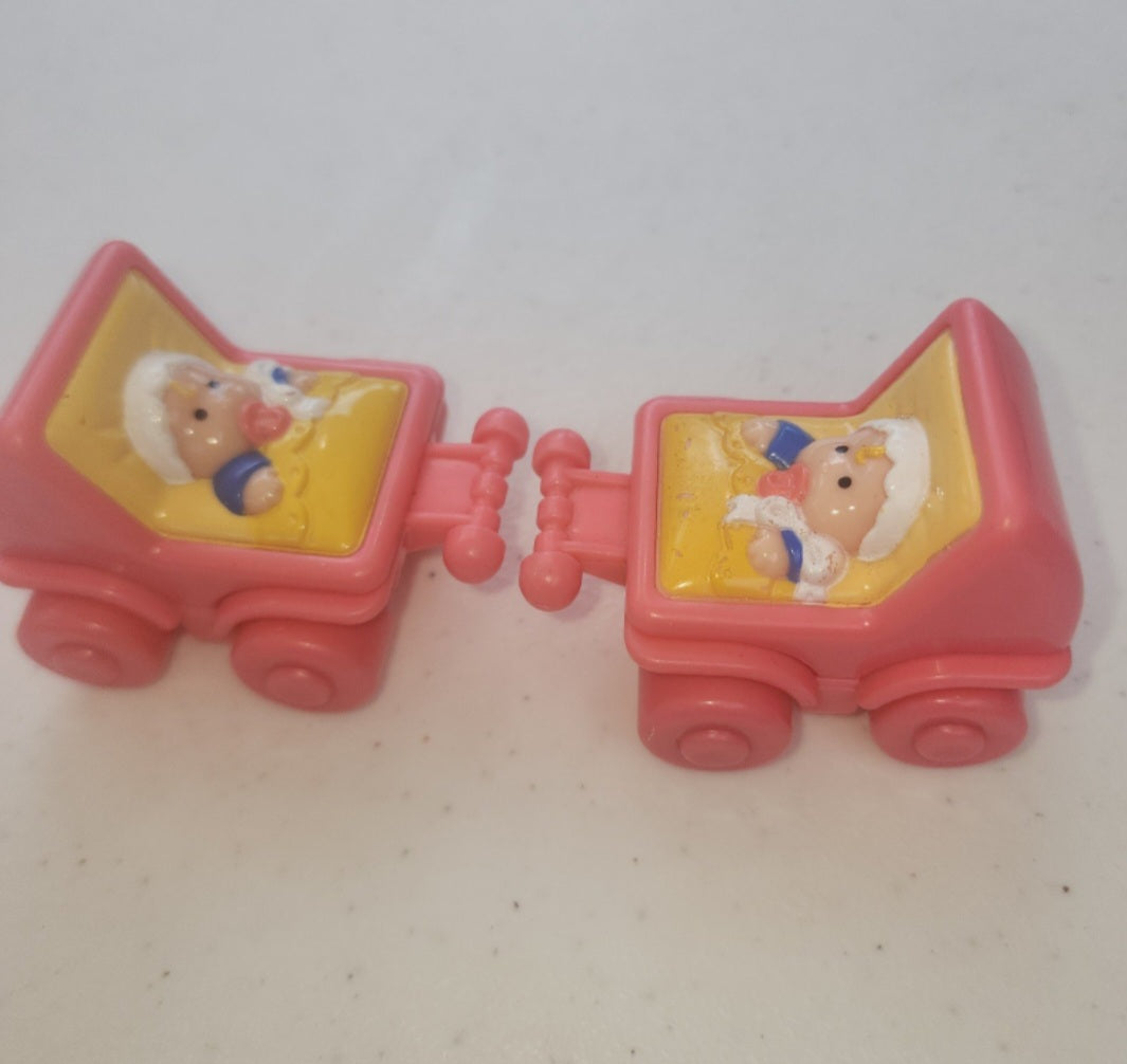 2 Fisher Price Little People BABY IN PINK STROLLER w/Pacifier & Bonnet