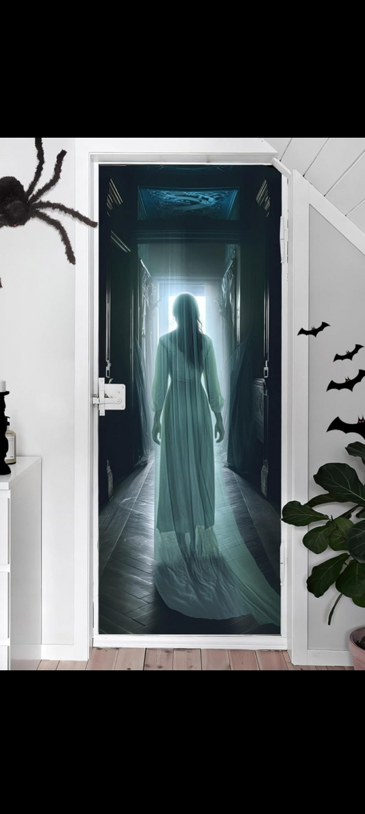 Halloween Door Mural  Ghost Bride Haunted Corridor, Peel and Stick, Split into several Pieces for Total Size of 30.3 x 78.7 inches, for Halloween Home Decor