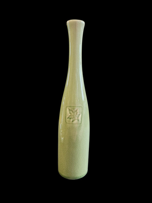 Crate & Barrel Green Crackle Glaze Ceramic Slender Vase with Leaf Motif, 11.5" H