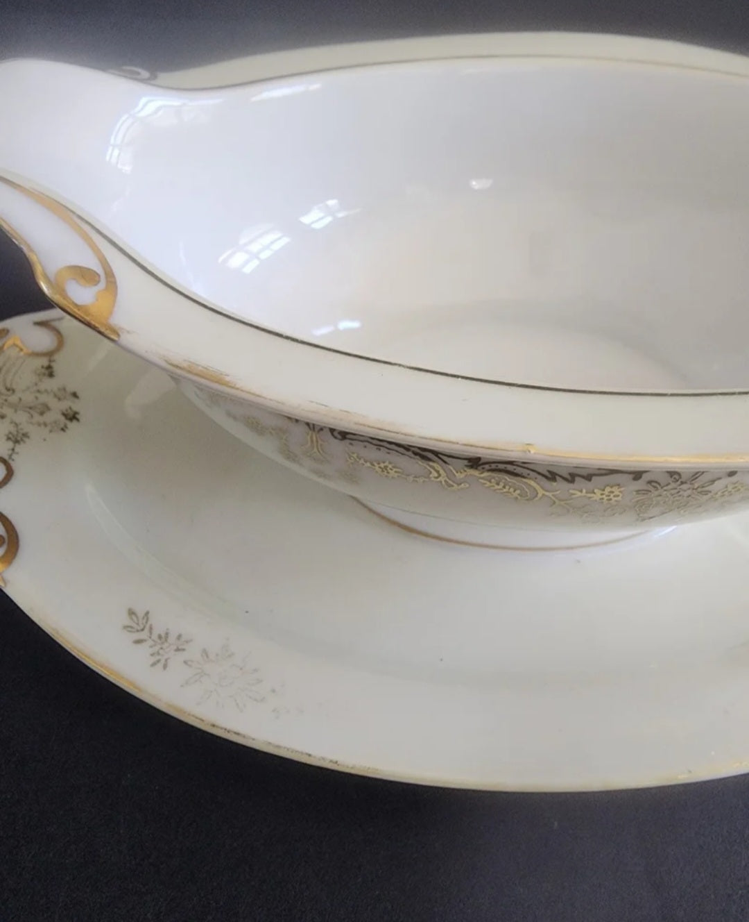 Vintage Ransom China Japan Gravy Boat with Attached Underplate - Gold Trim
