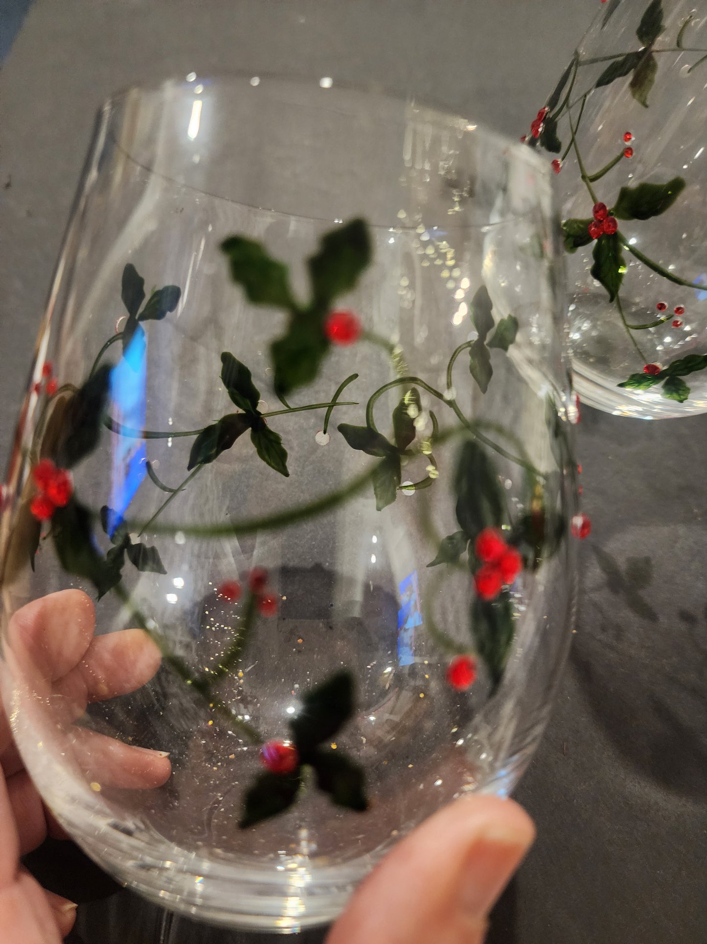 2 Beautiful Christmas Holly Stemless Wine Glasses with Jewels