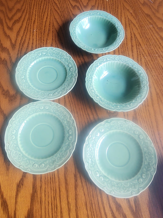 Vintage JMP Antique Green Floral Stoneware 3 Saucers & 2 Small Bowsl  set of 5