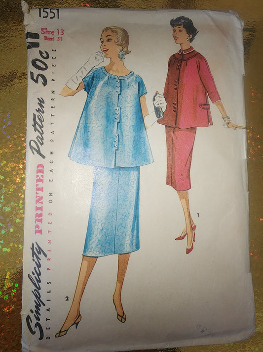 Suit Dress Maternity Sewing Pattern Simplicity 1551 Size 13 Skirt Top Vtg Cut