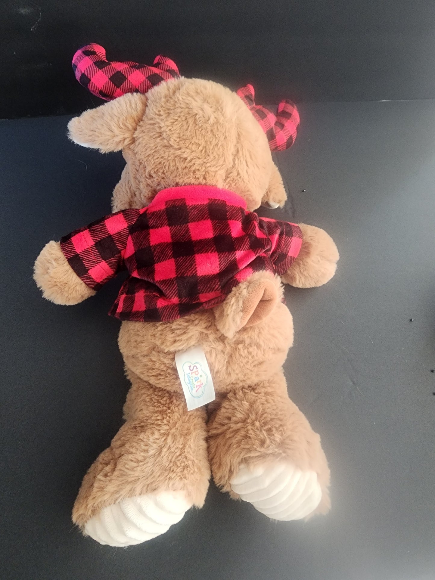 Plush Cuddle Stuffed Animal Brown Moose Rattles With Red Plaid Scarf and Ears