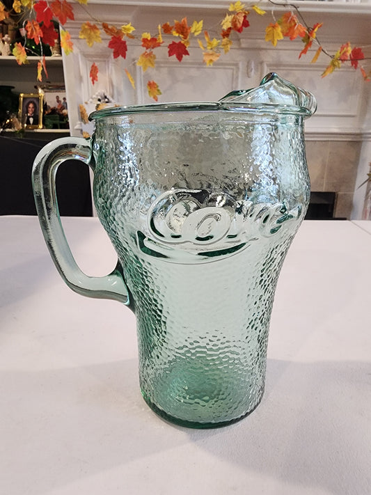 Vintage Heavy Green Pebbled Glass Coca-Cola / Coke Pitcher 64 Oz w/ Ice Lip