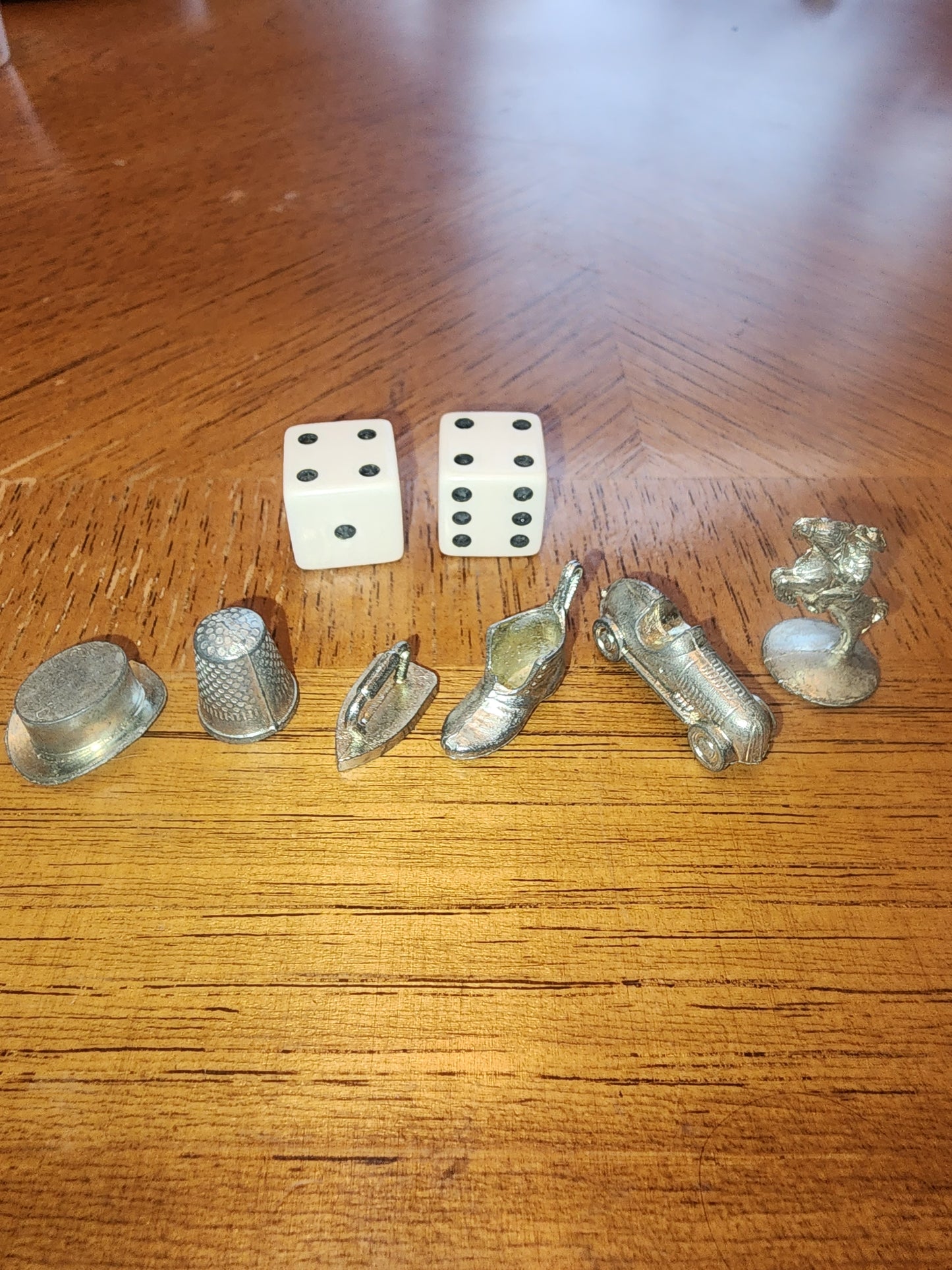 Vintage Monopoly 1975 - Original 6 silver Tokens and 2  Dice (Replacement Parts)