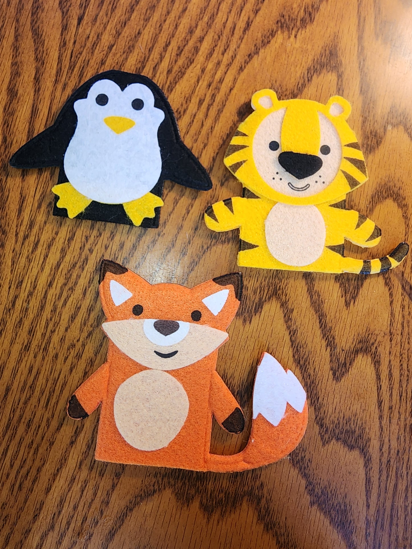 Handmade Felt Finger Puppet Trio Fox, Tiger & Penguin for Kids' Imaginative play