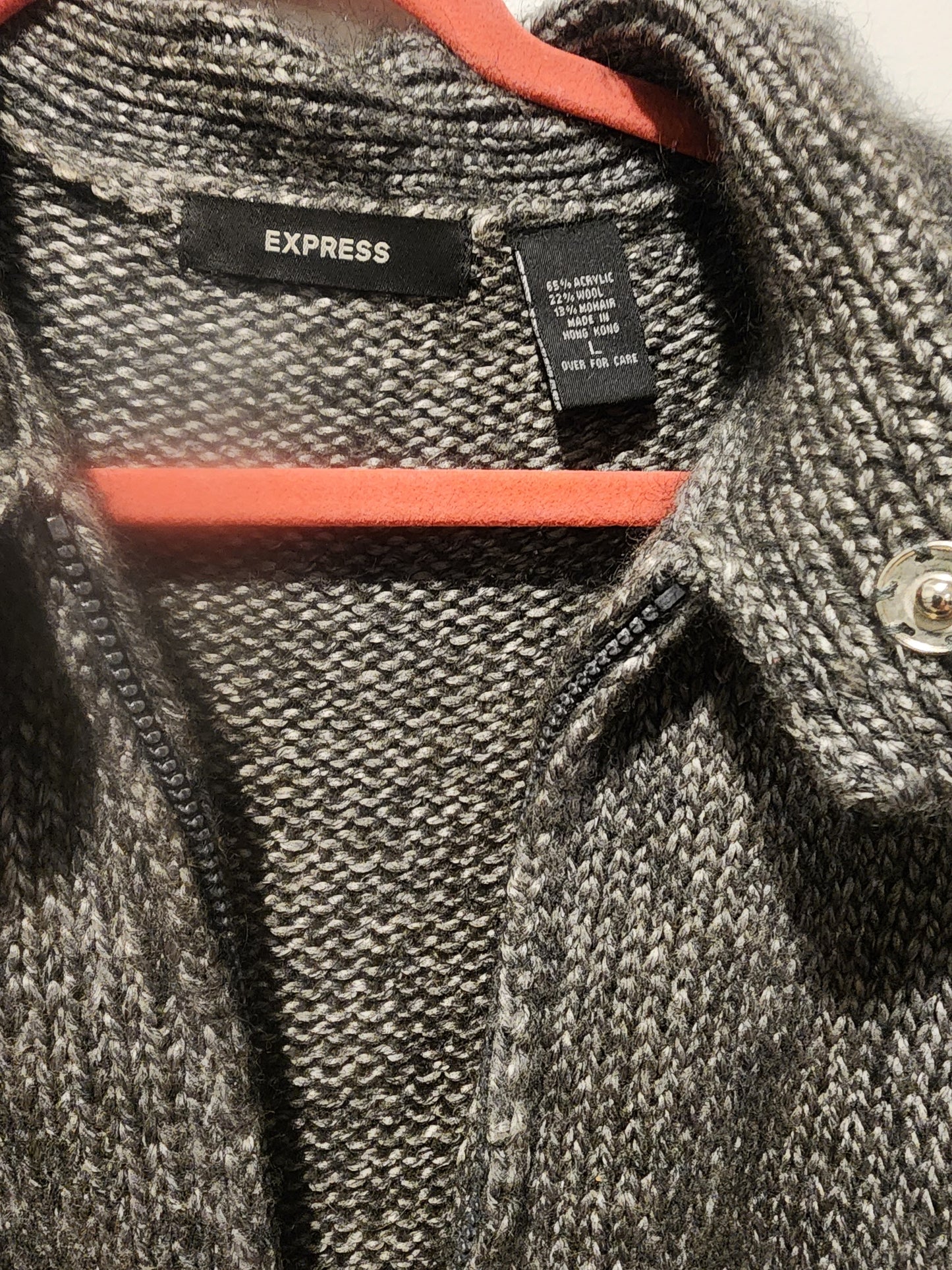 Express Vintage Gray Knit Sweater Jacket L Zipper Cropped Marled Wool Blend