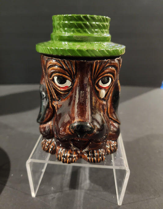 Vintage Enesco Japan Sad Eye Basset Hound Dog Ashtray Jar with Straw Hat Lid