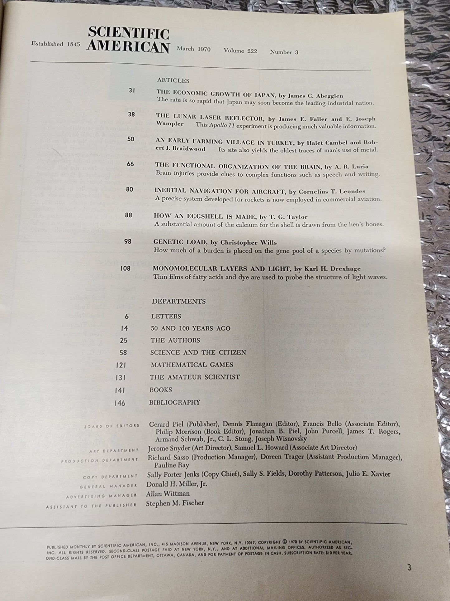 Scientific American Magazine 1970 March Lunar Laser Japan Economy Growth Brain