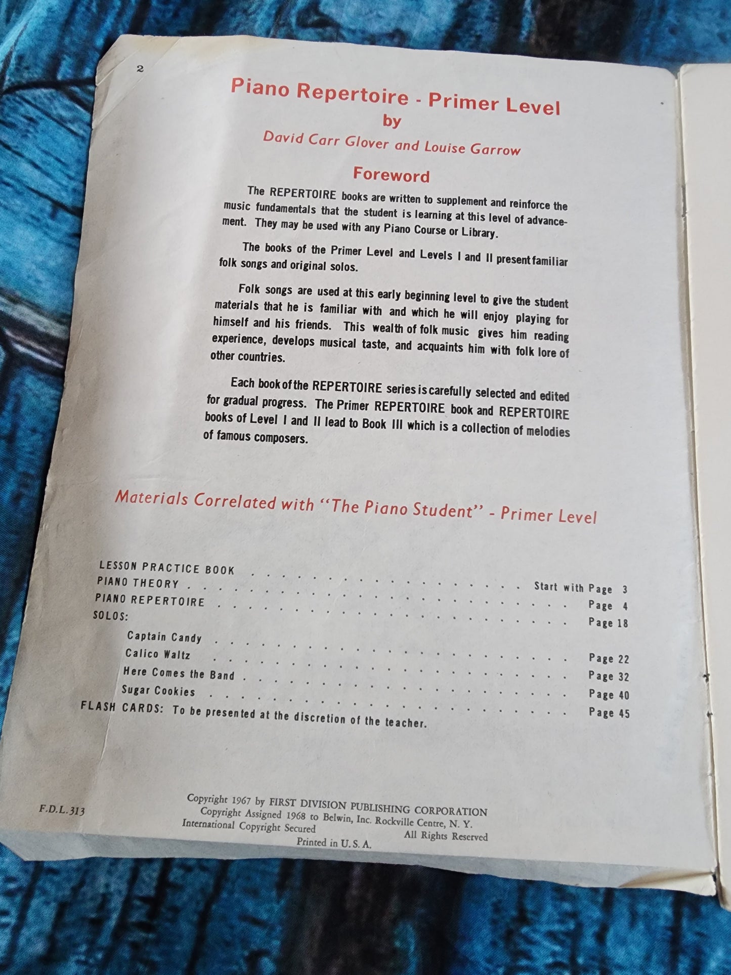 Piano Repertoire David Carr Glover Belwin Sheet Music Book Primer Level  1967