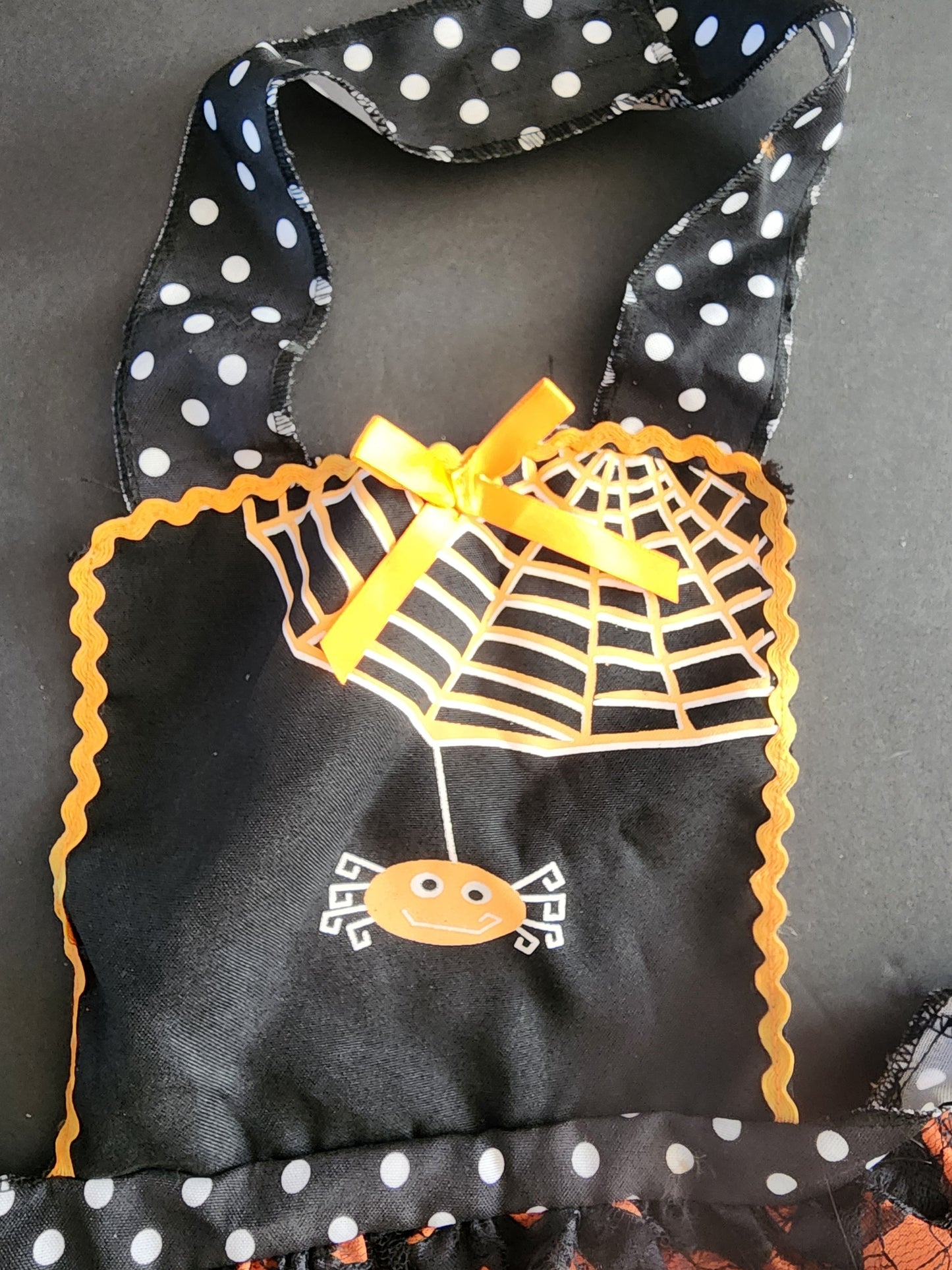 Halloween Polka Dot Spider Web Apron Black Orange, child size 4-8