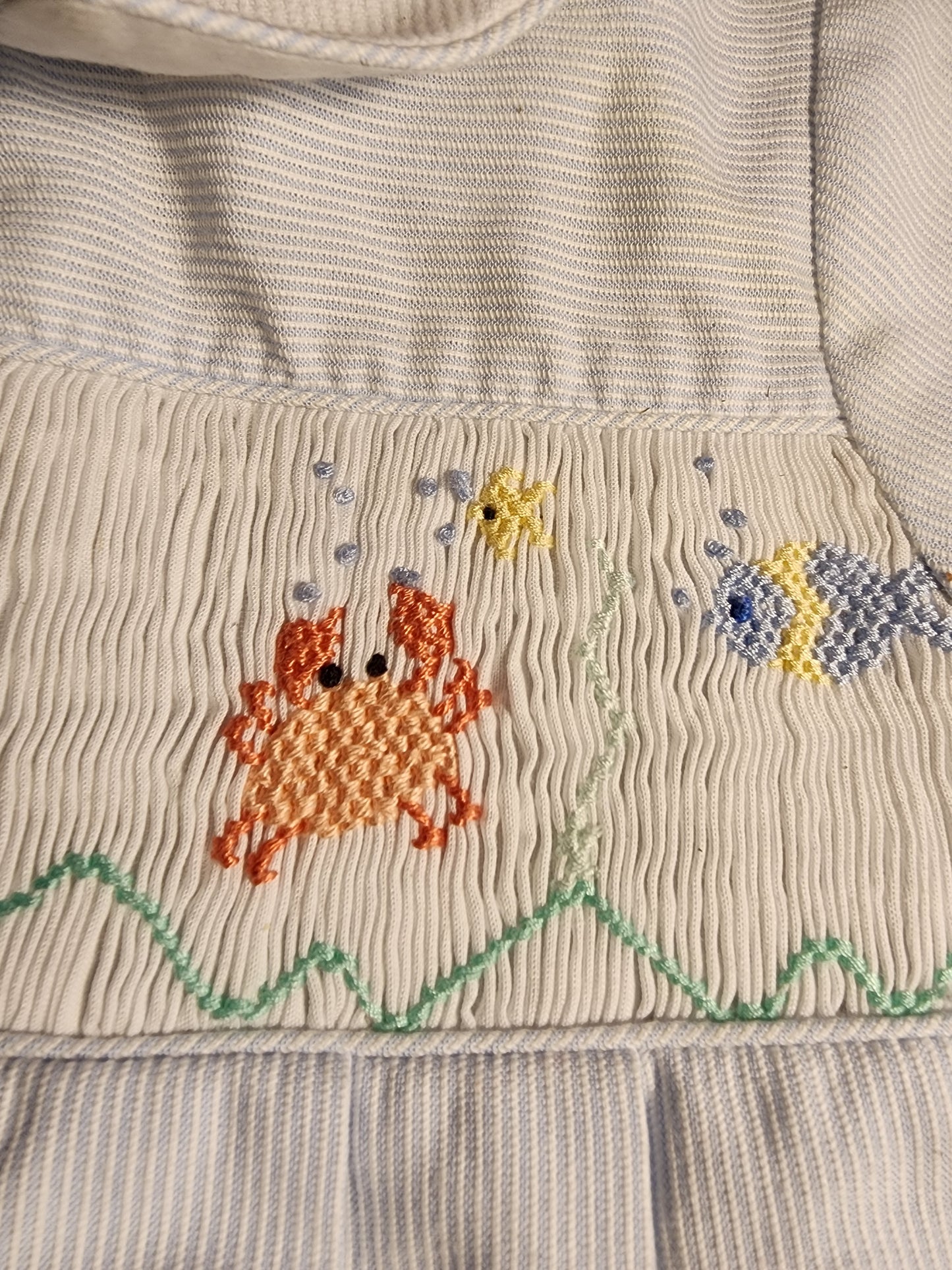 Friedknit Creations Smocked Baby Blue Beach ocean 3 Month Romper for boy